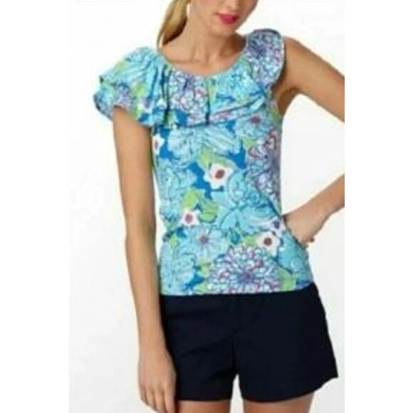 Lilly Pulitzer Womens Wynne Casual Top Blue Floral Short Sleeve Off Shoulder M - Picture 1 of 5